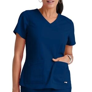 Grey’s Anatomy Barco Indigo 4 Pocket VNeck Spandex Stretch Scrub Top Size XS NWT